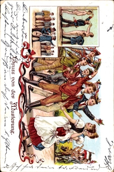 Chromo-Litho Greeting from the Muster, Celebration, Women, Inspection