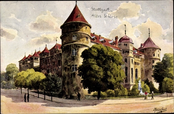 Artist PC Marshal J., Stuttgart, old castle with Gerok monument