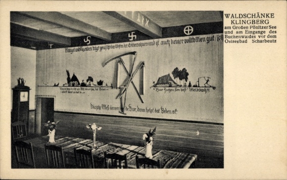 PC Klingberg Scharbeutz Ostholstein, non-alcoholic Waldschänke Klingberg, interior view, scythe, clock