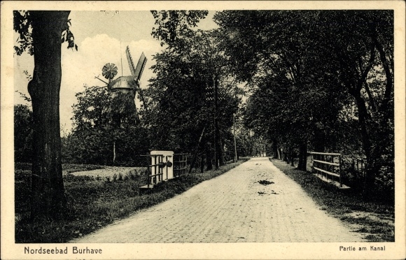 Postcard Nordseebad Burhave Butjadingen Wesermarsch, section on the canal, windmill