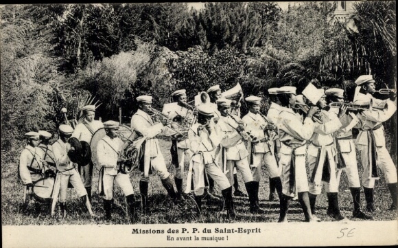 Postcard brass band with African missionary children