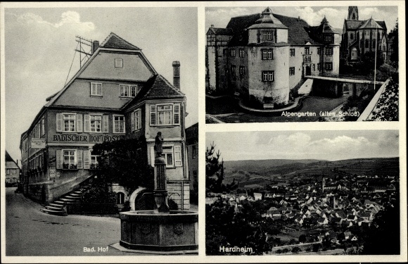 KP Hardheim im Odenwald Baden, Hotel Badischer Hof, Alpengarten, widok na miasto