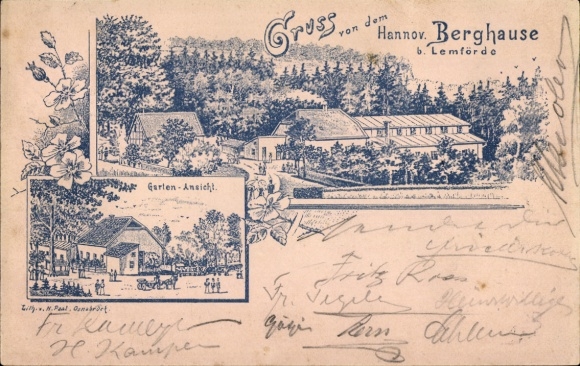 litho Lemförde in Nedersaksen, Hannov. Berghuis, uitzicht op de tuin