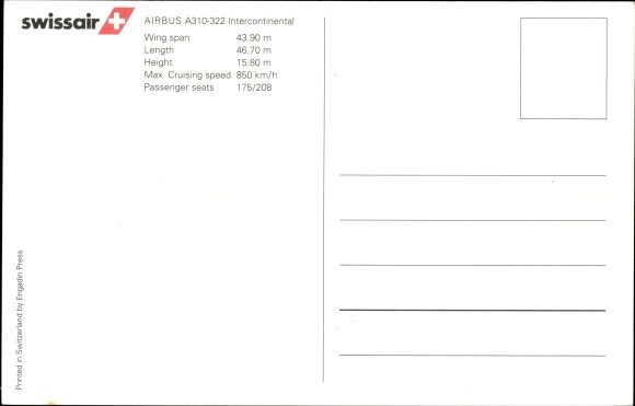 Postcard passenger plane Swissair, Airbus A310 322 Intercontinental