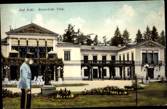 Ak Bad Ischl in Oberösterreich,  Kaiserliche Villa, Garten, Statue,  