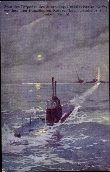 Künstler Ak Heusser, H., Spur des Torpedos des Unterseebootes UV, Kreuzer Leon Gambetta