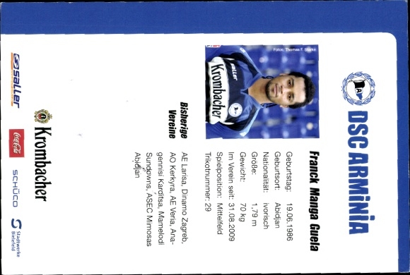 Autogrammkarte Fußballer Franck Manga Guela, DSC Arminia Bielefeld, Autogramm
