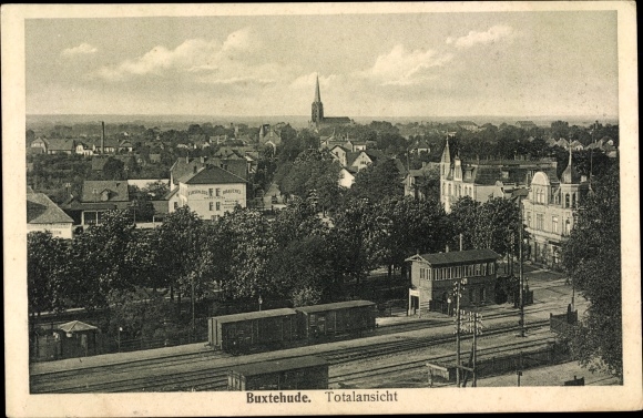 Postcard Buxtehude in Lower Saxony, total view, train station
