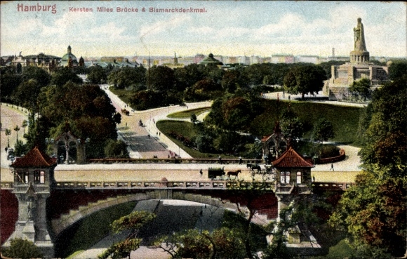 Postcard Hamburg Mitte Neustadt, Kersten Miles Bridge, Bismarck Monument