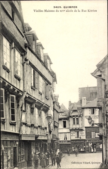 Postcard Quimper Finistère, front view of old houses, Rue Kéréon, Collection Villard