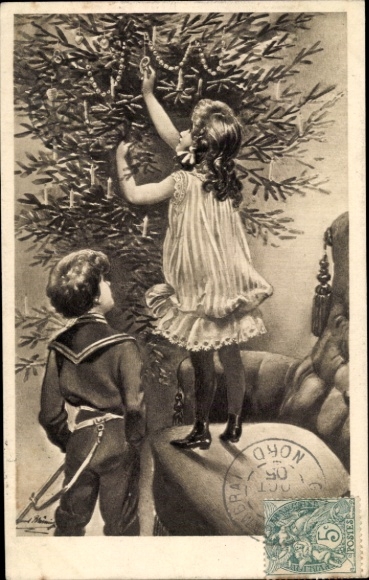 Postcard Merry Christmas, children decorate the Christmas tree