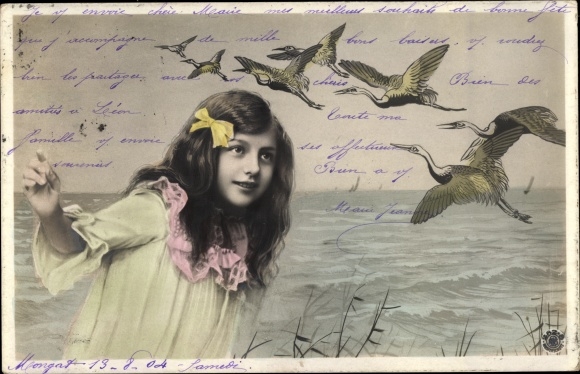 Postcard girl in dress, portrait, painted cranes, sea, NPG 282/8