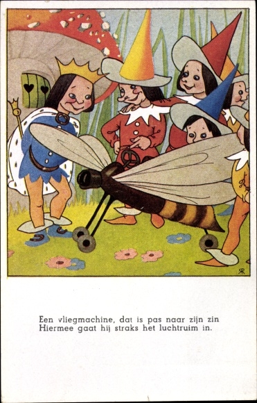 Artist Postcard dwarfs show their king an invention, wasp plane