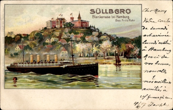 Litho Hamburg Altona Blankenese, Süllberg, Dampfer auf der Elbe