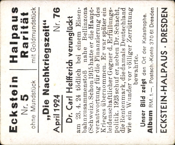 Collector's picture The Post-War Period No. 76, April 1924, Dr. Carl Helfferich, Bellinzona train accident