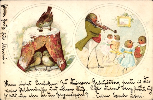Künstler Litho Vermenschlichte Vögel, Rotkehlchen beim Tanz, Geiger, Vögel in einem Tontopf