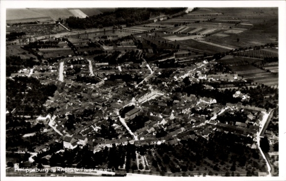 Postcard Philippsburg in Baden, aerial view of houses, agricultural areas