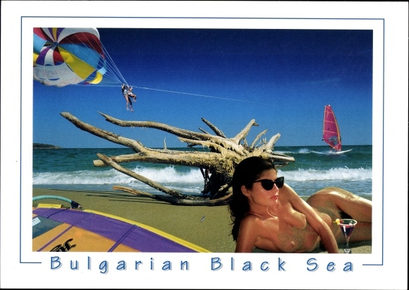 Postcard Bulgaria, Black Sea, dark-haired naked woman, breasts, windsurfer
