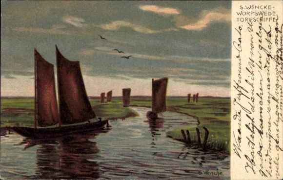 Artist Postcard Wencke, S., Worpswede in Lower Saxony, peat ships, landscape view, NKG