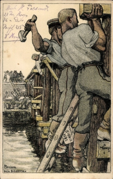 Artist Postcard Georgi, W., Leibniz Biscuit, Advertising, Bahlsens Biscuit Factory Hannover, Pioneers in Bridge Building