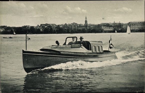 Postcard Fast traffic motorboat with cabin and covered engine compartment, Hanomag Lloyd