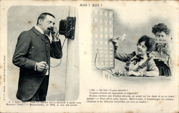 Ak Telefon, Mann telefoniert, Dame an einer Telefonzentrale 
