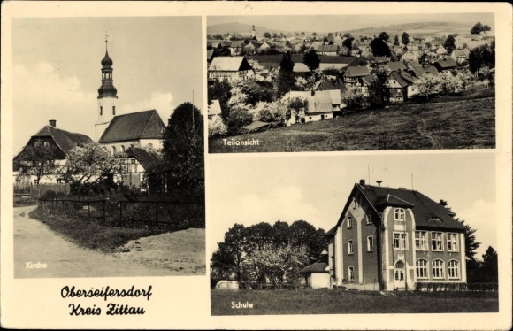 Ak Oberseifersdorf Mittelherwigsdorf Oberlausitz, kerk, gedeeltelijk uitzicht, school