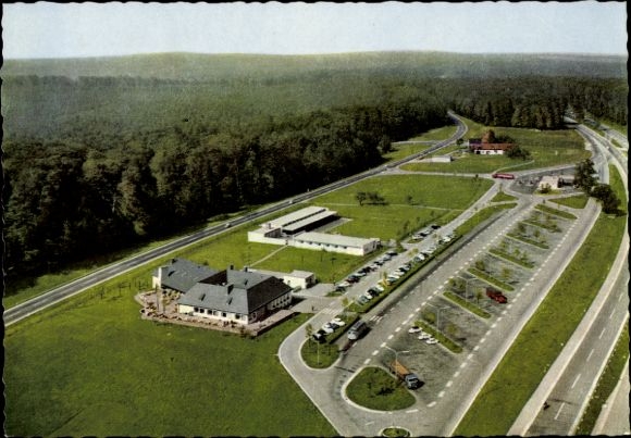 Postcard Rohrbrunn Weibersbrunn in the Spessart, Motel Rusthais in the Spessart, motorway, parking lot, forest, street