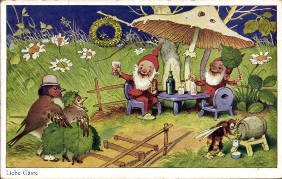 Artist Postcard Baumgraten, Fritz, Dear guests, pair of birds, dwarves toast, bee