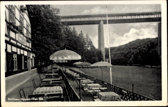 Postcard Nossen Saxony, terrace of the Huthaus restaurant, bridge