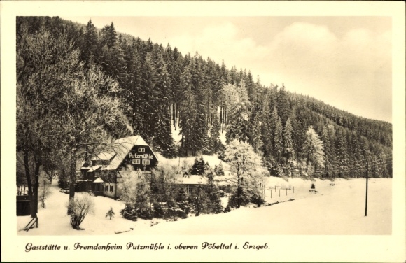 Postcard Oberpöbel Dippoldiswalde Saxony, cleaning mill, restaurant, winter
