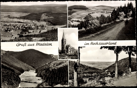 Postcard Medelon Medebach in the Sauerland, panorama of the place, church, partial views