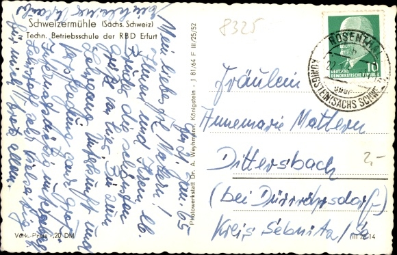 Postcard Rosenthal Bielatal Saxon Switzerland, technical company school of the RBD Erfurt, Schweizermühle