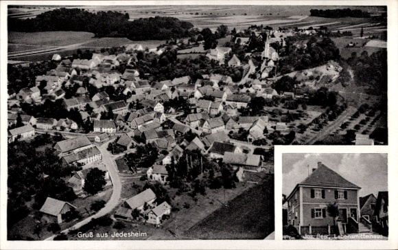 Postcard Jedesheim Illertissen in Swabia, aerial photograph, grocery store Jos. Beer