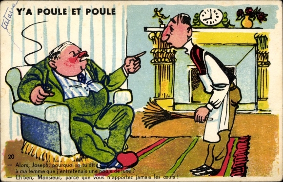 Artist Postcard Y'a Poule et Poule, servant, gentleman in the armchair