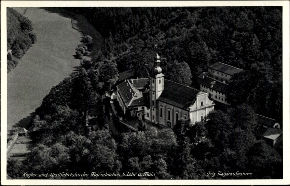 Postcard Mariabuchen Lohr in Spessart Lower Franconia, aerial photograph, monastery and pilgrimage church