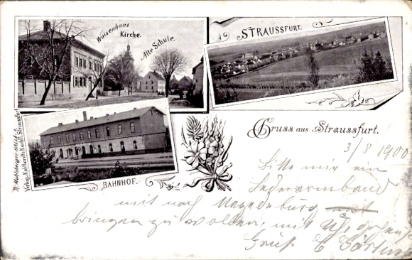Postcard Straußfurt in Thuringia, general view, train station, orphanage, church, old school