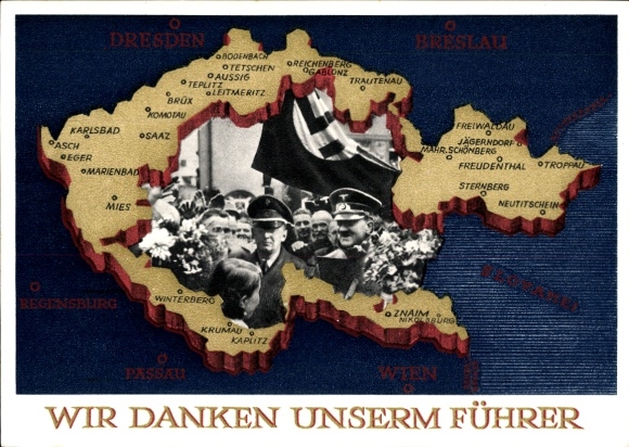 Postal stationery Postcard We thank our leader, Sudetenland, Bohemia, Moravia, Hitler
