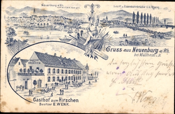 Chromo-Litho Neuenburg am Rhein Baden, Gasthof zum Hirschen, owner E. Wenk, panorama, railway bridge