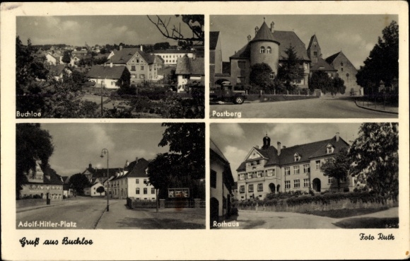 Postcard Buchloe im Allgäu, Postberg, City Hall, Adolf Hitler Square