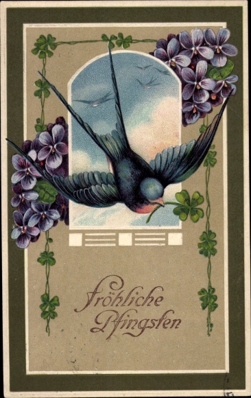 Embossed PC congratulations Pentecost, swallow, violet, lucky clover