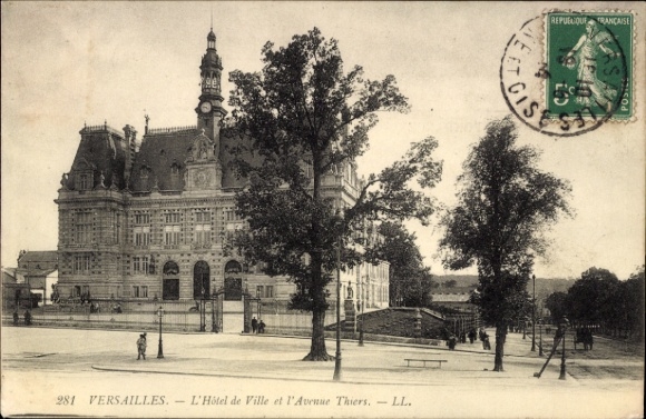 PC Versailles Yvelines, Hôtel de Ville, Avenue Thiers, trees, postmark, French stamp