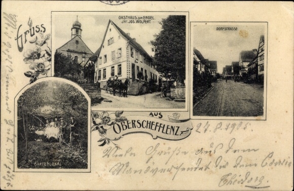 Postcard Oberschefflenz Schefflenz in Baden, Gasthaus zum Engel, Dorfstrasse, garden restaurant