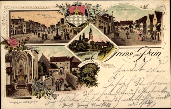 Chromo-Litho Rain am Lech Schwaben, Schlossstrasse, district court, town hall, church, interior view, Mühlbach