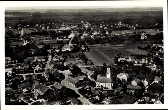 Postcard Gauting in Upper Bavaria, aerial view of German village view, churches and fields