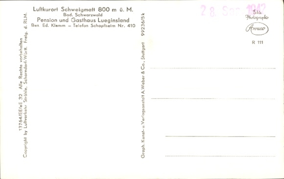 Postcard Schweigmatt Raitbach Schopfheim in Baden, aerial photograph, Pension Lueginsland