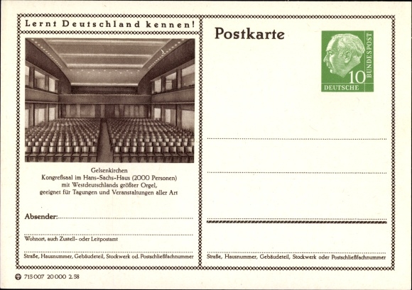 Ganzsachen Ak Gelsenkirchen im Ruhrgebiet, Hans Sachs Haus, Kongresssaal, Innenansicht