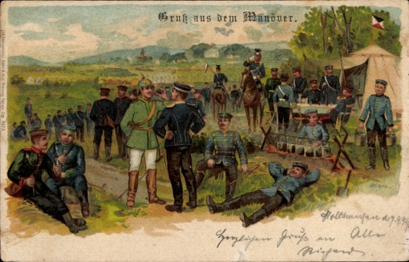 Chromo-Litho maneuvers, German soldiers, break, cooking pots