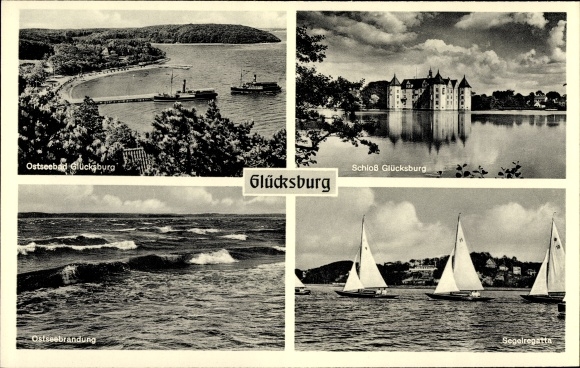 Postcard Glücksburg on the Baltic Sea, castle, sailing regatta, surf