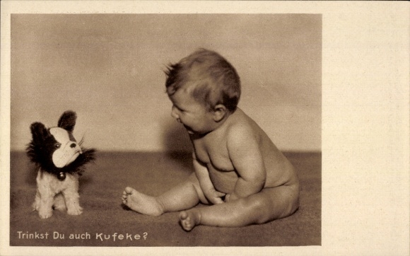 Postcard Do you also drink Kufeke?, baby food, diet soup, advertisement, toddler with stuffed dog
